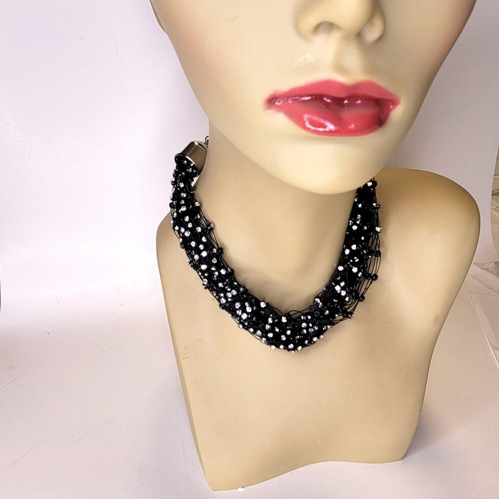 Black Beaded Crystal Braided Choker Necklace